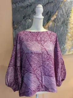 正絹　総絞り　紫　着物リメイク　トップス　プルオーバー　七分袖