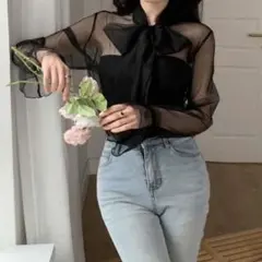 シースルーリボン付き長袖ブラウス