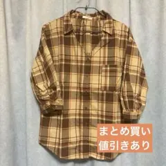COLZA チェック柄 スキッパーシャツ ブラウン M