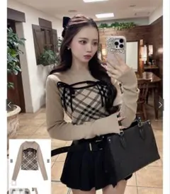 【GRL】チェック柄フロントオープンリボンニットトップス