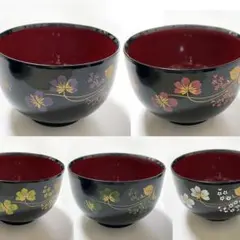 【週末SALE】漆塗り お椀 5客セット／花文様 吸物椀 汁椀・丼もの／未使用