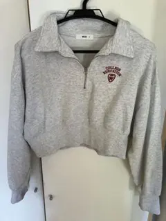 WEGO ハーフジップショート丈スウェットパーカー　長袖　コットン混　刺繍　F