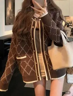 SHEIN ダイヤ柄ジャガードニットカーディガン
