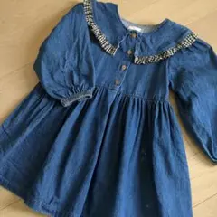 next デニムブルー 長袖ワンピース チェックフリル