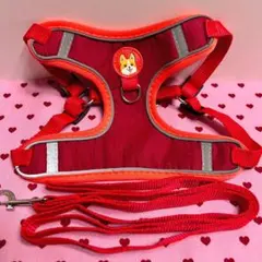 ★ペット★ハーネス&リードセット【Ｍ】レッド　メッシュ　反射材付き　犬猫　可愛い