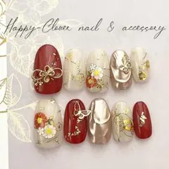 ☆B-18☆和柄ネイルチップ　レッド×生成りのお着物ネイル　成人式前撮り振袖