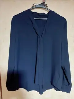 長袖　ボウタイブラウス　ネイビー　L