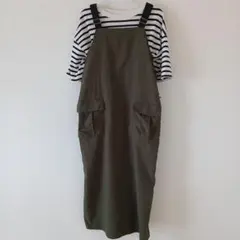 LBC　ナイロンワークジャンスカ　カーキ　ボーダーTシャツ　コーデ売りのサムネイル