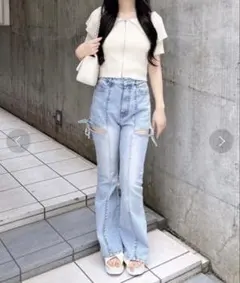 サイドリボンカットアウトフレアパンツ