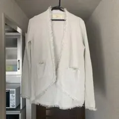 薄グレー色ニットカーディガン フリンジ付き