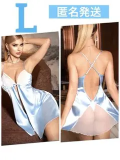 セクシーランジェリー L 前開きベビードール 水色 かわいい サテンシースルー