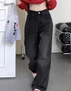 shein カジュアル ハイウエスト ワイドレッグ ジーンズ ダークグレー