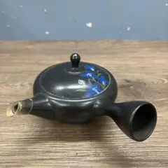 D-4 【昭和レトロ】急須 横手急須 藍色花柄 陶器 伝統工芸 日本茶 