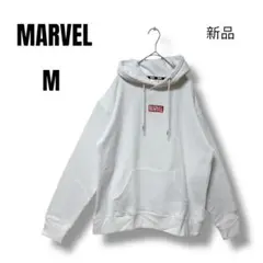 120 【新品】マーベルMARVEL ロゴ刺繍プルパーカーM 白　裏起毛