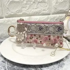 インド刺繍リボン　リップポーチ　ピンク