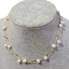 ホワイト　淡水パール　チェーンネックレス　2way ゴールド