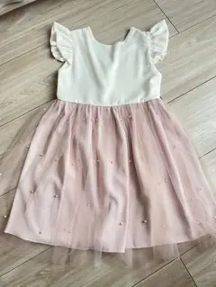 フォーマルドレス ホワイトとピンク フリル袖 リボン付き