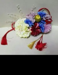 和風 髪飾り 花飾り 赤 青 白 紫 黄色 タッセル付き長さ22センチ