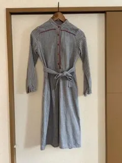 フランス製 古着 長袖ワンピース 水色と赤のストライプシャツワンピ