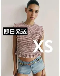 ZARA ギンガムチェック柄 スモッキングトップス　レッド XSのサムネイル