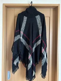 チェック柄タートルネックポンチョ