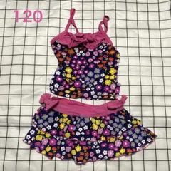 ★マザウェイズピンク 紺 花柄 リボン セパレート水着 120 子ども 水泳
