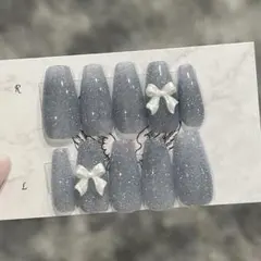 【現品】水色 ワンカラー フラッシュ リボン ガーリー 韓国 ネイルチップ