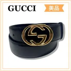 一点物 グッチ GG インターロッキング レザー ベルト ブラック 送料無料