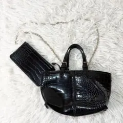 ZARA クロコ型押し 2WAYミニバッグ 黒 チェーンショルダー ポーチ付