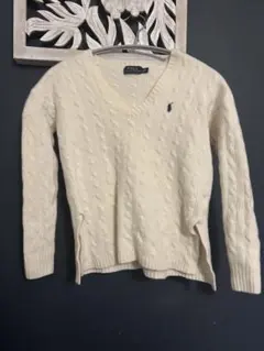 Ralph Lauren◆ケーブルニットセーター◆XS白◆カシミヤ羊毛◆Vネック