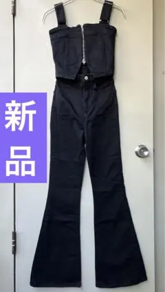 【新品】EMODA デニムフレアジップサロペット ブラック Ｓ③のサムネイル