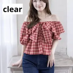 clear クリア　ビッグリボンチェック柄2way半袖ブラウス　シャツ　レッドのサムネイル