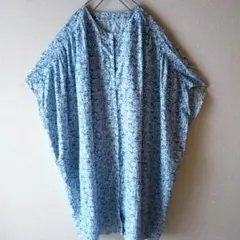 ワンピース　大きいサイズ　ゆったり　ギャザー　コットン　花柄　バンドカラー