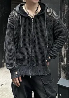 Chikashitsu +mesh zip damage hoodie