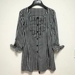 クレージュ　チュニック　ブラウス　ギンガムチェック　黒白　フリルリボン　レア