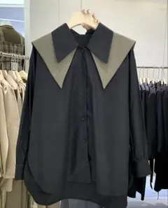 ビッグカラー バイカラー 長袖ブラウス ブラック×カーキ L新品