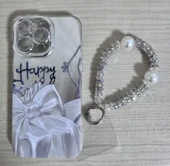 新品・未使用 キラキラパールリボン iPhoneケース &ハンドストラップセット