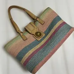 美品✨COACH コーチ マルチカラーボーダー ターンロック カゴバック