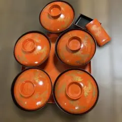 オレンジ色 蓋つき煮物椀 5個セット 蓋つき煮物椀 5客セット 漆器 盆付き - メルカリ