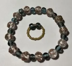 ガラスビーズのブレスレットとリングのセット ハンドメイド
