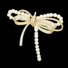 ゴールド　スワロフスキー　天然真珠　ブローチ 　リボンブローチ
