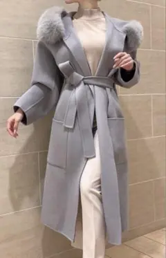 美品　qung ウールロングコート　水色　ライトブルー