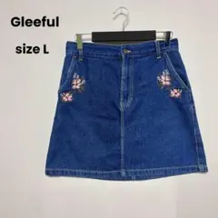Gleeful 花柄 刺繍 デニムスカート ウエストゴム コットン ブルー L