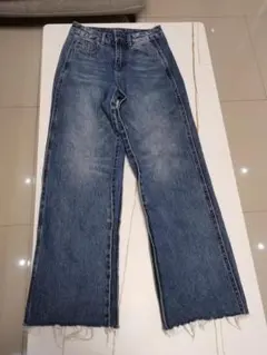 ブルーデニム ワイドレッグパンツ フリンジ