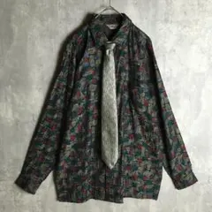 【長袖ネクタイシャツ】総柄 幾何学模様 光沢感 ヴィンテージ L メンズ 古着