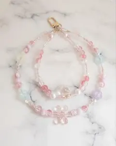ハンドメイド ビーズストラップ フラワー ピンク パステル スマホストラップ