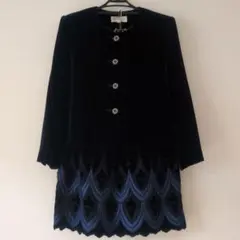 美品 ノーカラージャケットセットアップ ベルベット 濃紺 レトロ