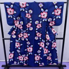 ★4212★ 浴衣 夏着物 ゆかた 紺色ぼかし　椿の花柄