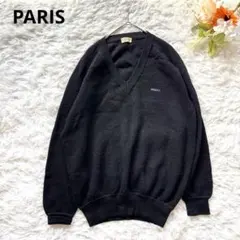 PARIS ウール100%Vネックニット　セーター 黒【M】長袖　刺繍　パリスのサムネイル