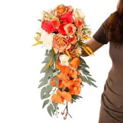 2点セット高級　シルクフラワーウェディングブーケ　オレンジ和風ブーケ記念日の装飾